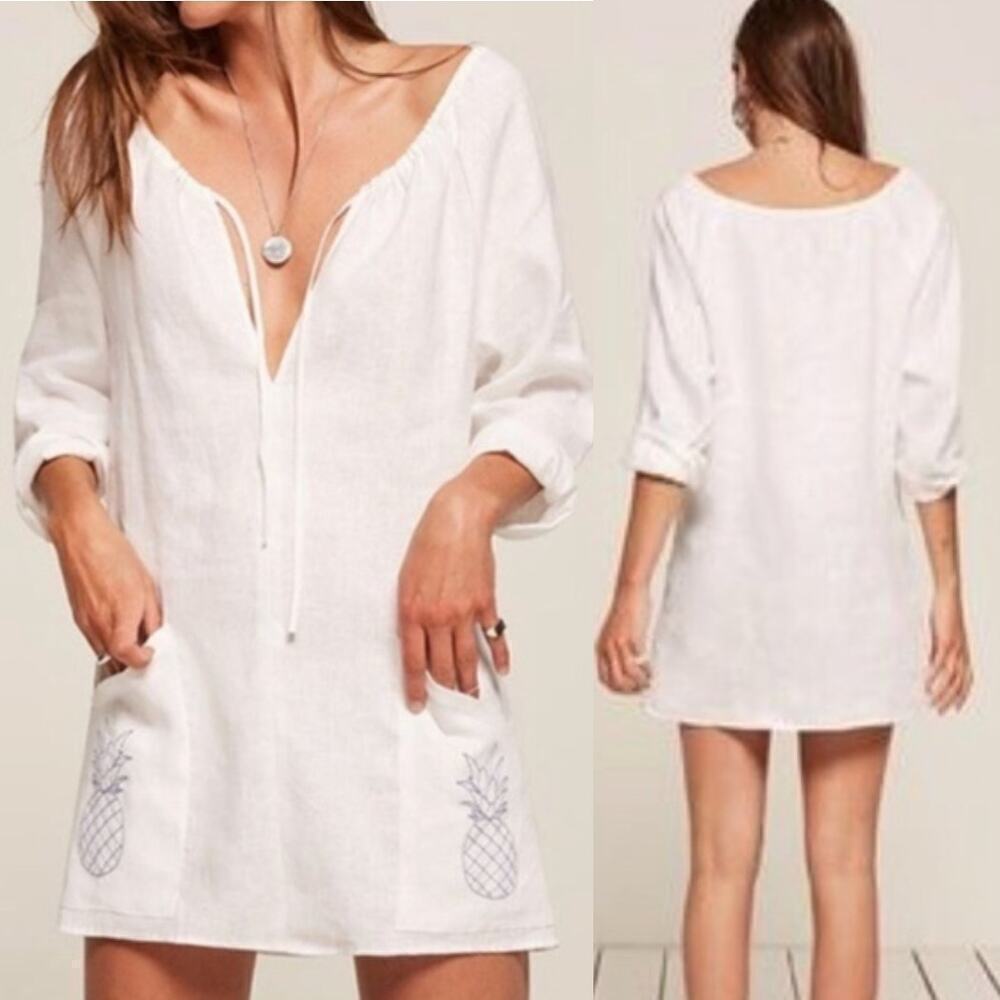 Reformation Martina Pineapple Linen Tunic Dress Pocket TIe Neck Mini Size XL